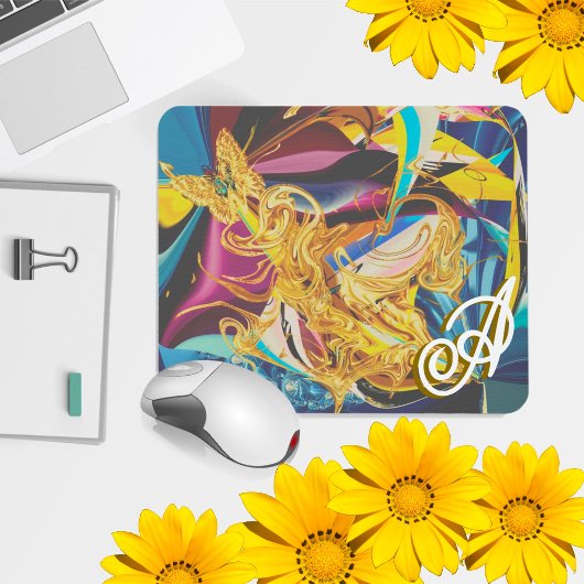 Gold Butterfly Antique Monogram Liquid Abstrakt Mousepad