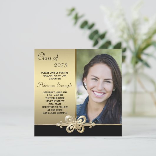 Gold Butterfly Black and Gold Foto Abschluss Einladung (Stehend Vorderseite)