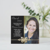 Gold Butterfly Black and Gold Foto Abschluss Einladung (Stehend Vorderseite)