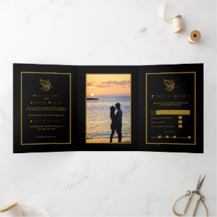 Gold Butterfly, Black & Gold Wedding Suite Dreifach Gefaltete Einladung