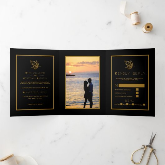 Gold Butterfly, Black & Gold Wedding Suite Dreifach Gefaltete Einladung (Innenseite)