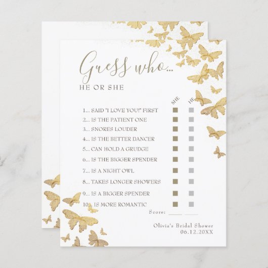 Gold Butterfly Boho Brautparty Guess Wer Game (Vorne/Hinten)