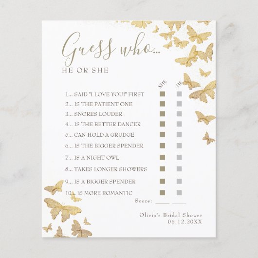 Gold Butterfly Boho Brautparty Guess Wer Game (Vorderseite)