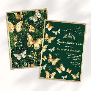 Gold Butterfly Emerald Green Quinceañera Einladung