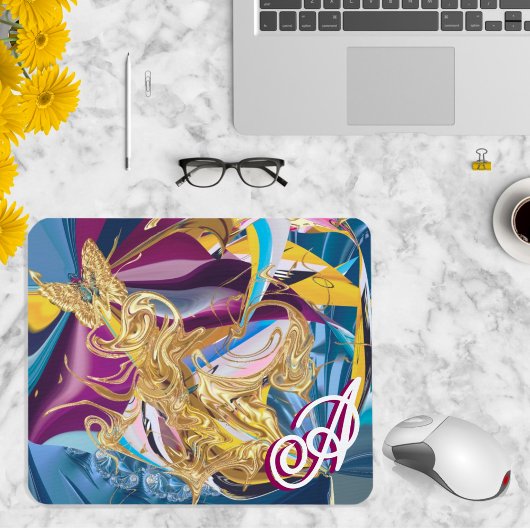 Gold Butterfly Fantasy Monogram Liquid Abstrakt Mousepad