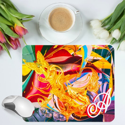 Gold Butterfly Fiery Monogram Liquid Abstrakt Mousepad