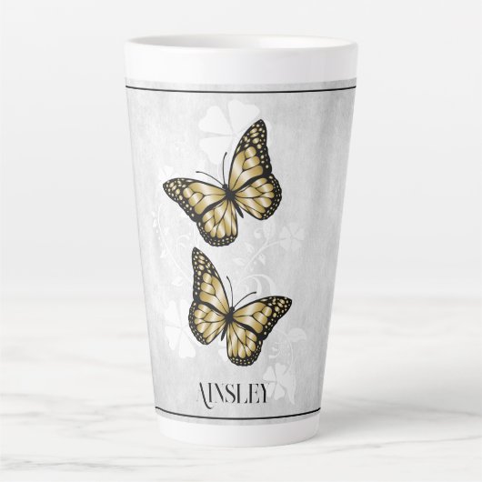 Gold Butterfly Floral Personalisiert Latte Tasse (Vorderseite)