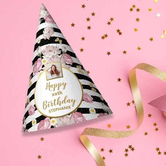 Gold Butterfly Floral Theme Happy Birthday Foto Partyhütchen