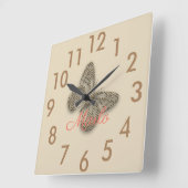Gold Butterfly Hinzufügen Name Wall Clock Quadratische Wanduhr (Winkel)