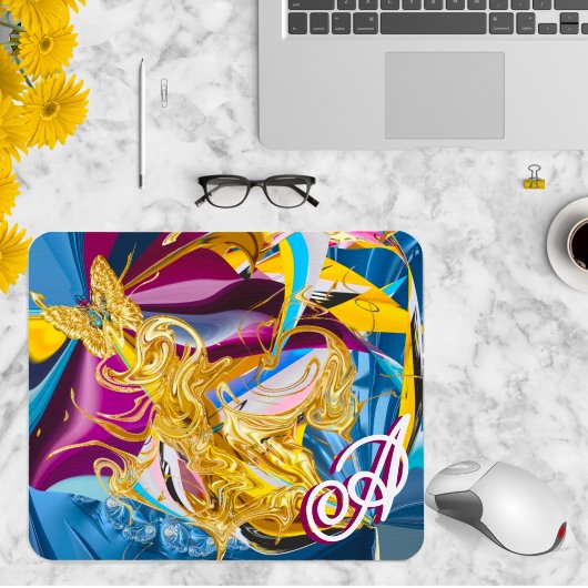 Gold Butterfly Jewel Tone Monogram Liquid Abstrakt Mousepad