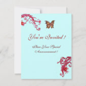 GOLD BUTTERFLY , leuchtend rot blau Einladung (Rückseite)