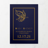 Gold Butterfly, Navy Blue Baby Duschsuite Dreifach Gefaltete Einladung (Cover)