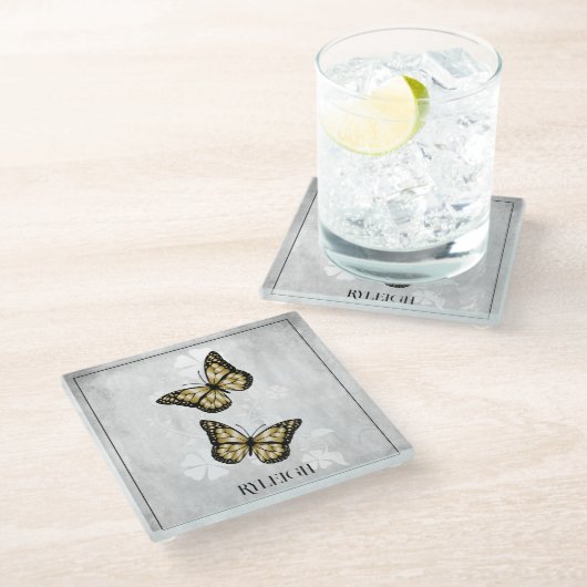 Gold Butterfly Personalisiert Glass Untersetzer (Schrägansicht)