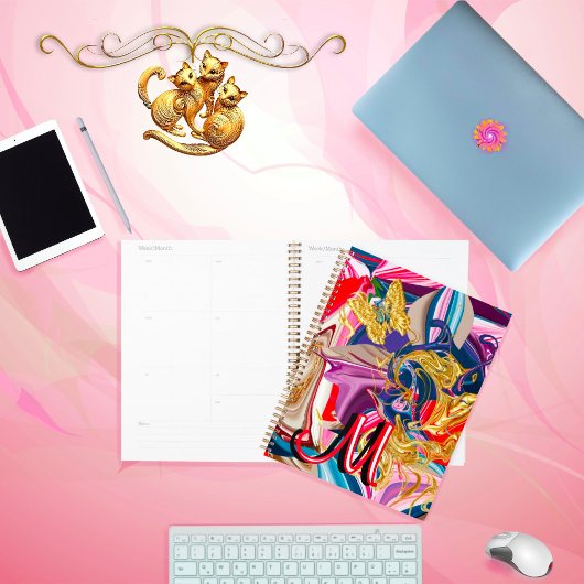 Gold Butterfly Rotes Monogramm Abstraktes Rotes Fl Planer