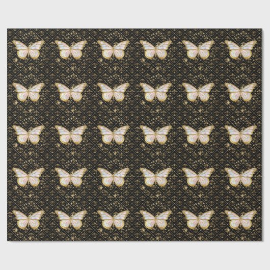 Gold Butterfly & Stars Wrapping Paper Geschenkpapier (Flach)