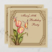 Gold Butterfly Tulips Elegant 60. Geburtstagsparty Einladung (Vorne/Hinten)