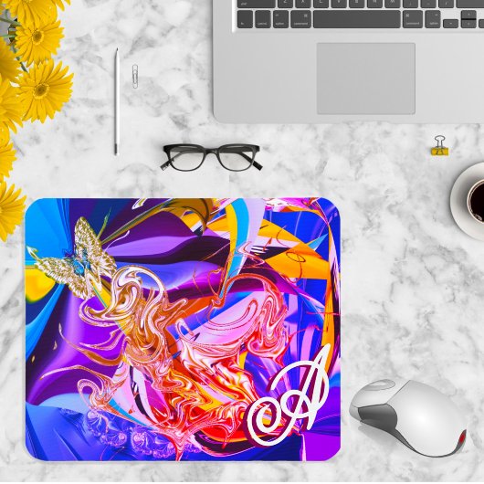 Gold Butterfly Vibrant Monogram Liquid Abstrakt Mousepad