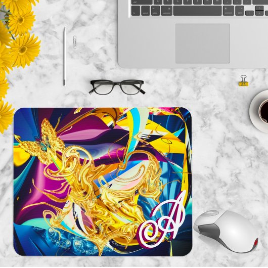 Gold Butterfly Vibrant Monogram Liquid Abstrakt Mousepad