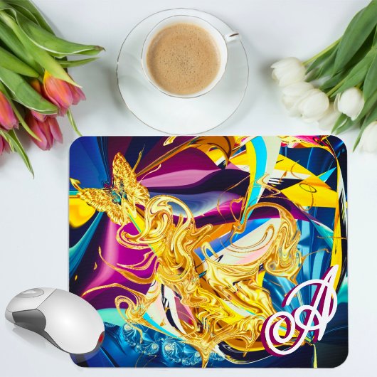 Gold Butterfly Vibrant Monogram Liquid Abstrakt Mousepad