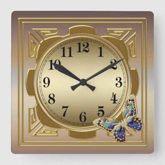 Gold Butterfly Wall Clock Quadratische Wanduhr (Vorderseite)