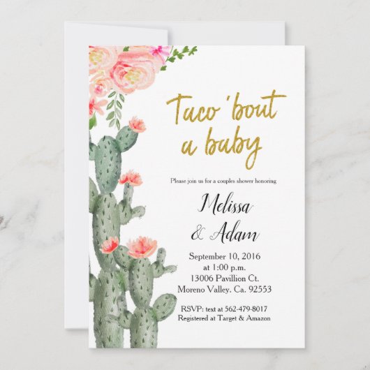 Gold Cactus floral Taco Bout Baby Shower Einladung (Vorderseite)