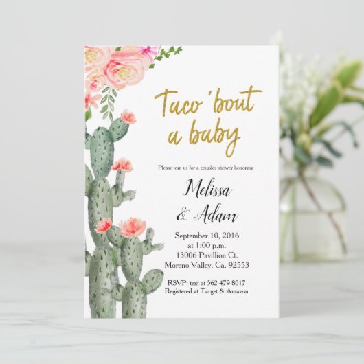 Gold Cactus floral Taco Bout Baby Shower Einladung (Stehend Vorderseite)
