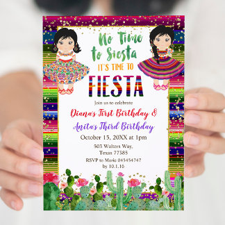 Gold Cactus Twins Girl Birthday Fiesta Einladung