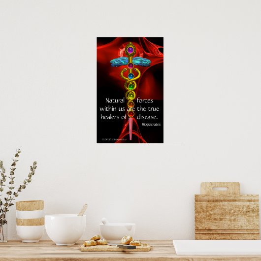 GOLD CADUCEUS, 7 CHAKRAS, Heilung, Medizin, Yoga Poster (Küche)