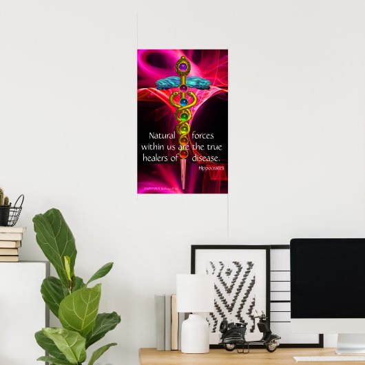 GOLD CADUCEUS,7 CHAKRAS,PINK FRAKTAL WAVES Medical Poster (Heimbüro)