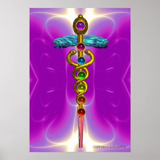 GOLD CADUCEUS 7 CHAKRAS, Yoga, Medizin Pink Fuchsi Poster (Vorne)