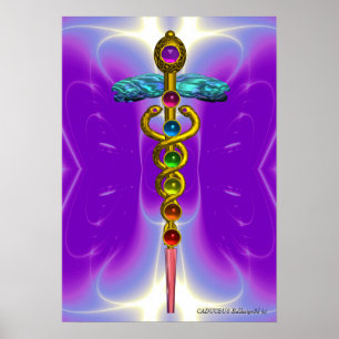 GOLD CADUCEUS 7 CHAKRAS, Yoga, medizinisches Lila Poster