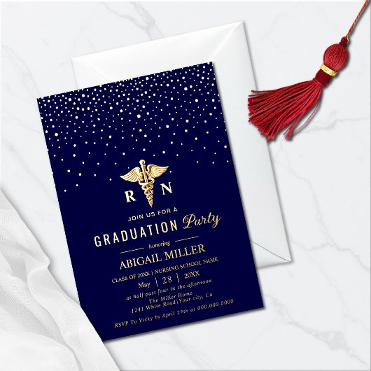 Gold caduceus & confetti Class Of 2026 graduation Folieneinladung