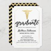 Gold Caduceus Graduate Script | Gold Zickzack Einladung (Vorne/Hinten)