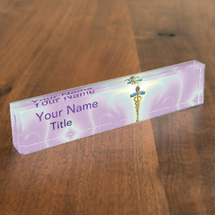 GOLD CADUCEUS, Light Blue Lila Namensplakette