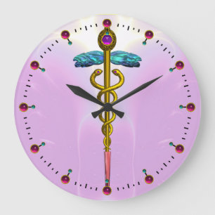 GOLD CADUCEUS Medical Symbol Light Pink Große Wanduhr