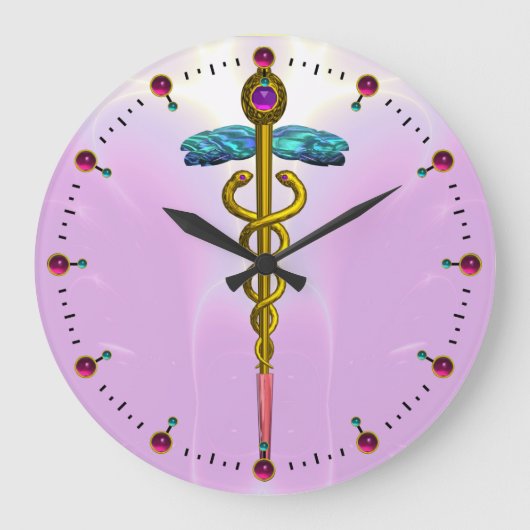 GOLD CADUCEUS Medical Symbol Light Pink Große Wanduhr (Vorderseite)