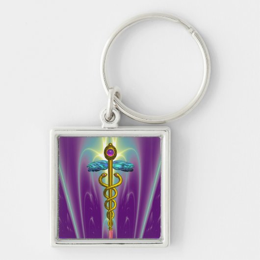 GOLD CADUCEUS MEDICAL SYMBOL Violet Purple Green Schlüsselanhänger (Vorne)