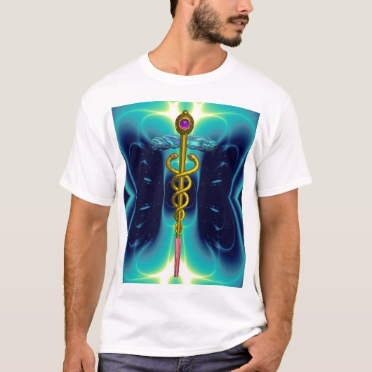 GOLD CADUCEUS MEDIZINISCHES SYMBOL, Aquamarin Türk T-Shirt (Vorderseite)
