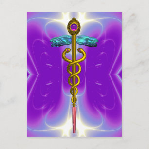 GOLD CADUCEUS MEDIZINISCHES SYMBOL BLAUE LILA FRAK POSTKARTE