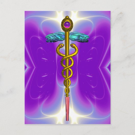 GOLD CADUCEUS MEDIZINISCHES SYMBOL BLAUE LILA FRAK POSTKARTE (Vorderseite)