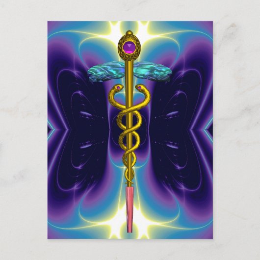 GOLD CADUCEUS MEDIZINISCHES SYMBOL BLAUE LILA FRAK POSTKARTE (Vorderseite)