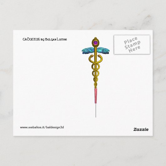 GOLD CADUCEUS MEDIZINISCHES SYMBOL BLUE TURQUOISE POSTKARTE (Rückseite)