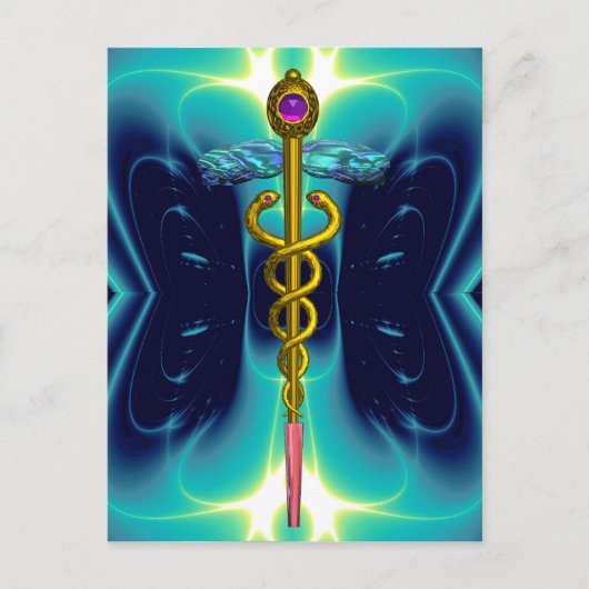 GOLD CADUCEUS MEDIZINISCHES SYMBOL BLUE TURQUOISE POSTKARTE (Vorderseite)