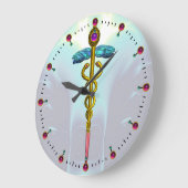 GOLD CADUCEUS Medizinisches Symbol Licht Aquamarin Große Wanduhr (Winkel)