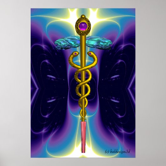 GOLD CADUCEUS Medizinisches Symbol Lila Blue Waves Poster (Vorne)