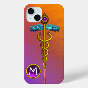 GOLD CADUCEUS MEDIZINISCHES SYMBOL Lila Gem Monogr iPhone 15 Mini Hülle