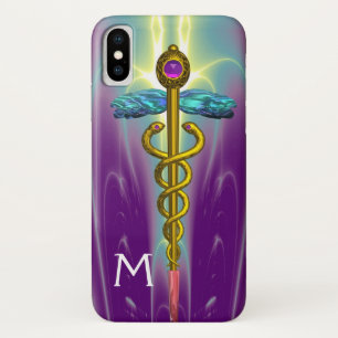 GOLD CADUCEUS MEDIZINISCHES SYMBOL Lila Monogramm iPhone X Hülle
