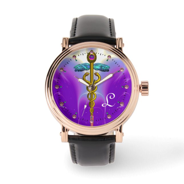 GOLD CADUCEUS MONOGRAMM, Lila Aquamarin Armbanduhr (Vorderseite)