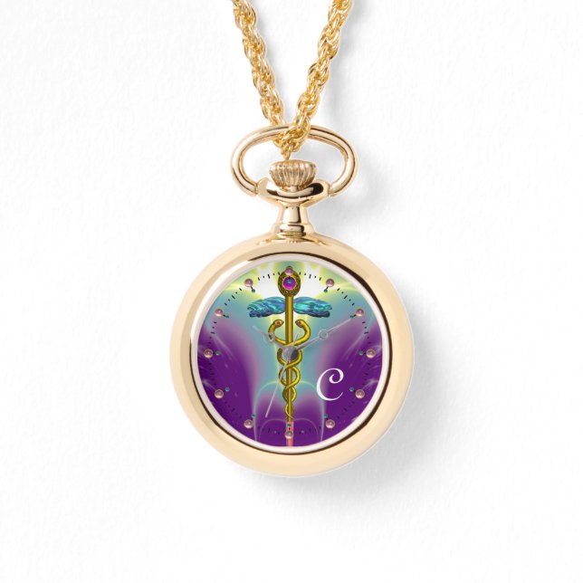 GOLD CADUCEUS MONOGRAMM, Lila grün Armbanduhr (Vorderseite)