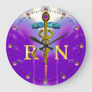 GOLD CADUCEUS REGISTERED NURSE SYMBOL,Blue Purple Große Wanduhr